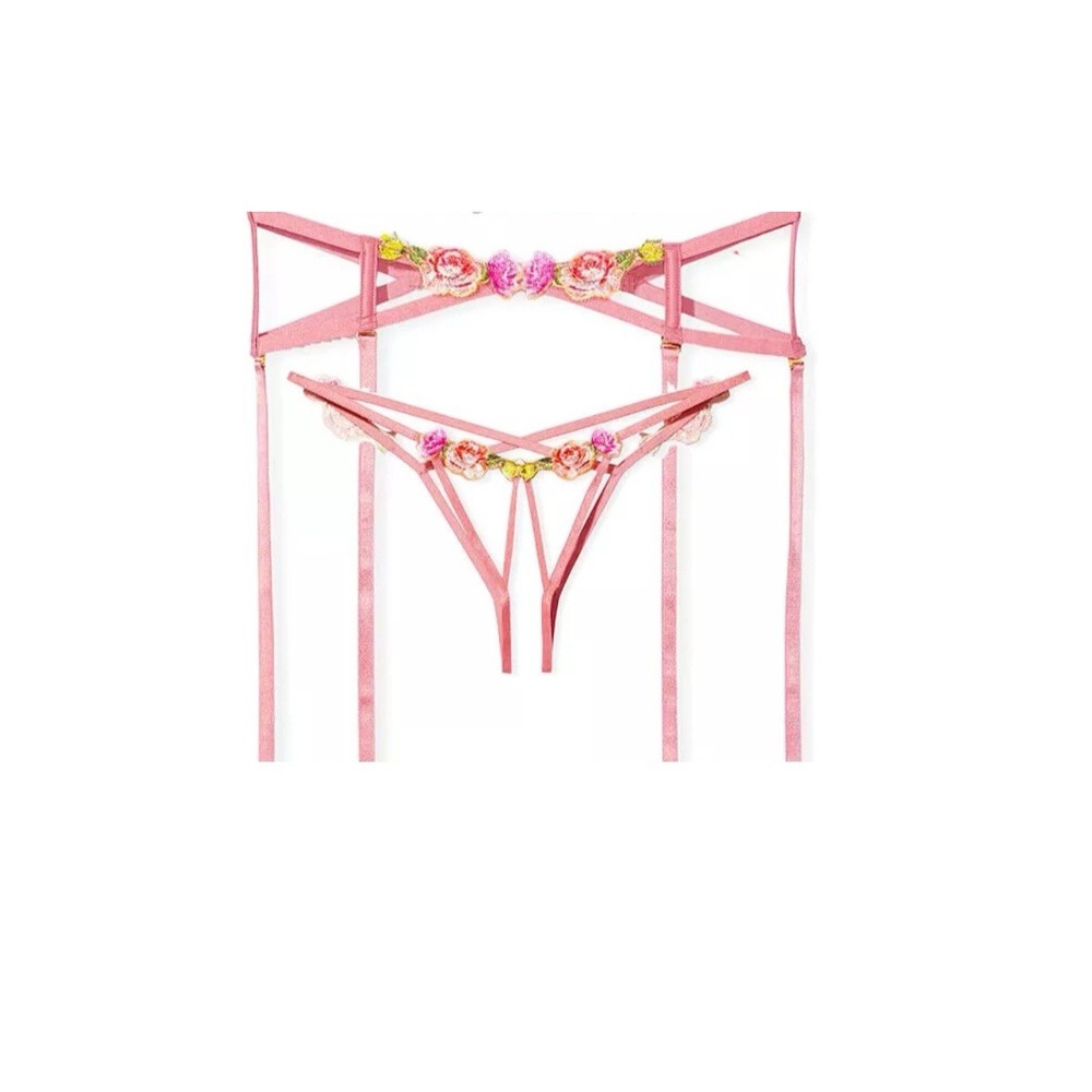 Victoria's Secret Very Sexy Garter & Thong Set Sz‎ M Dusty Rose Embroidery Pink